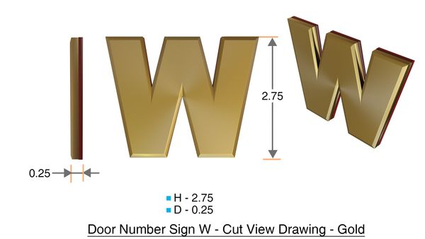 z- APARTMENT, DOOR AND MAILBOX LETTER W SIGN - LETTER SIGN W- GOLD (HIGH QUALITY PLASTIC DOOR SIGNS 0.25 THICK)