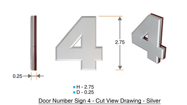 z- APARTMENT, DOOR AND MAILBOX NUMBER FOUR SIGN - 4 SIGN- SILVER (HIGH QUALITY PLASTIC DOOR SIGNS 0.25 THICK)