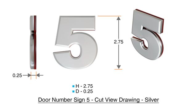 z- APARTMENT, DOOR AND MAILBOX NUMBER FIVE SIGN - 5 SIGN- SILVER (HIGH QUALITY PLASTIC DOOR SIGNS 0.25 THICK)