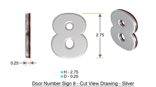 z- APARTMENT, DOOR AND MAILBOX NUMBER EIGHT SIGN - 8 SIGN- SILVER (HIGH QUALITY PLASTIC DOOR SIGNS 0.25 THICK)