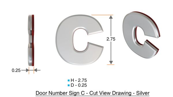 z- APARTMENT, DOOR AND MAILBOX LETTER C SIGN - LETTER SIGN C- SILVER (HIGH QUALITY PLASTIC DOOR SIGNS 0.25 THICK)