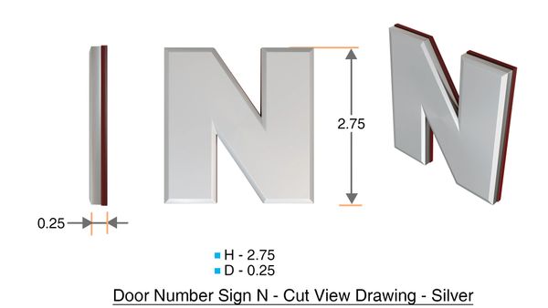 z- APARTMENT, DOOR AND MAILBOX LETTER N SIGN - LETTER SIGN N- SILVER (HIGH QUALITY PLASTIC DOOR SIGNS 0.25 THICK)