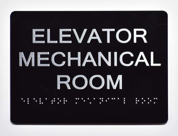 ELEVATOR MECHANICAL ROOM Sign- BLACK- BRAILLE (ALUMINUM SIGNS 5X7)- The Sensation Line- Tactile Touch Braille Sign