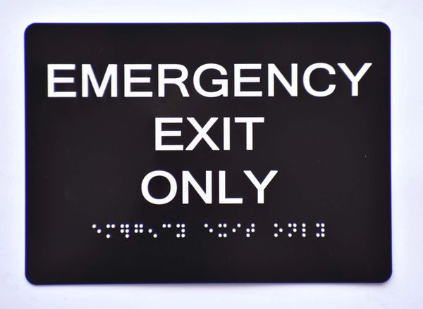 Emergency EXIT ONLY SIGN- BLACK-BRAILLE (ALUMINUM SIGNS 5X7)- The Sensation Line- Tactile Touch Braille Sign