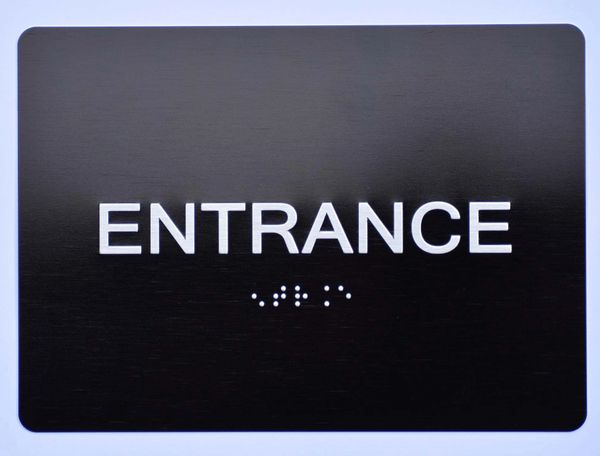 ENTRANCE SIGN- BLACK- BRAILLE (ALUMINUM SIGNS 5X7)- The Sensation Line- Tactile Touch Braille Sign