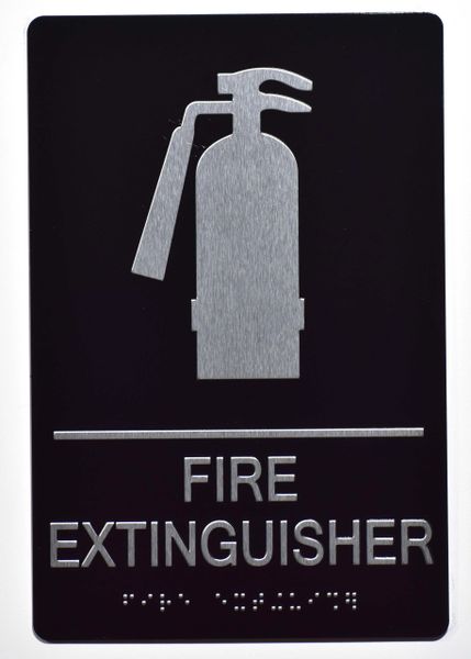 FIRE EXTINGUISHER SIGN- BLACK- BRAILLE (ALUMINUM SIGNS 9X6)- The Sensation Line- Tactile Touch Braille Sign