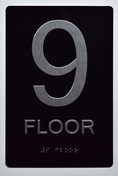 9th FLOOR SIGN- BLACK- BRAILLE (ALUMINUM SIGNS 9X6)- The Sensation Line- Tactile Touch Braille Sign