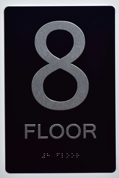 8th FLOOR SIGN- BLACK- BRAILLE (ALUMINUM SIGNS 9X6)- The Sensation Line- Tactile Touch Braille Sign