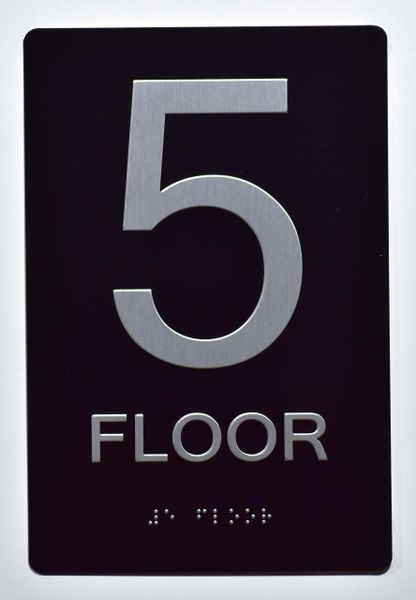 5th FLOOR SIGN- BLACK- BRAILLE (ALUMINUM SIGNS 9X6)- The Sensation Line- Tactile Touch Braille Sign