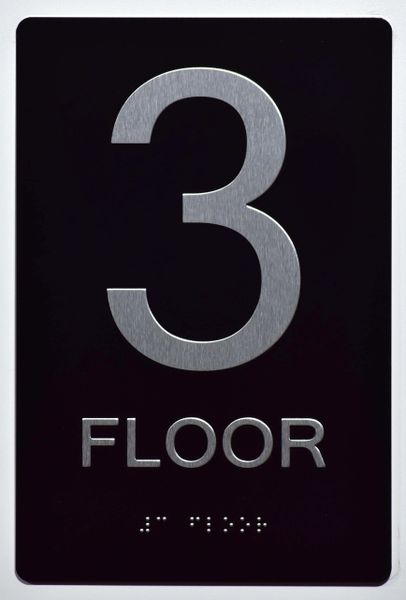 3rd FLOOR SIGN- BLACK- BRAILLE (ALUMINUM SIGNS 9X6)- The Sensation Line- Tactile Touch Braille Sign