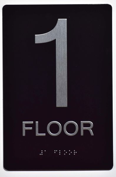 1ST FLOOR SIGN- BLACK- BRAILLE (ALUMINUM SIGNS 9X6)- The Sensation Line- Tactile Touch Braille Sign