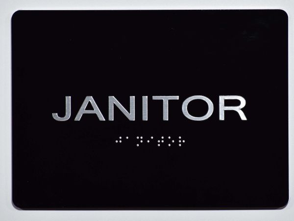 JANITOR Sign- BLACK- BRAILLE (ALUMINUM SIGNS 5X7)- The Sensation Line- Tactile Touch Braille Sign