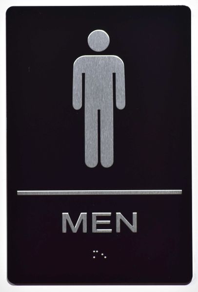 MEN RESTROOM Sign- BLACK- BRAILLE (ALUMINUM SIGNS 9X6)- The Sensation Line- Tactile Touch Braille Sign
