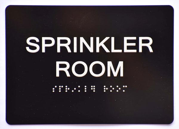 Sprinkler Room SIGN- BLACK- BRAILLE (ALUMINUM SIGNS 5X7)- The Sensation Line- Tactile Touch Braille Sign