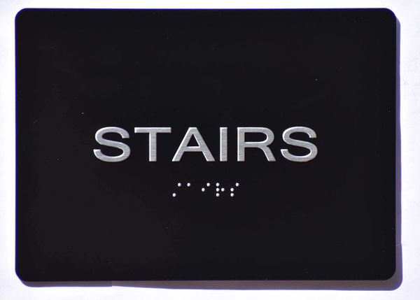 Stairs SIGN- BLACK- BRAILLE (ALUMINUM SIGNS 5X7)- The Sensation Line- Tactile Touch Braille Sign