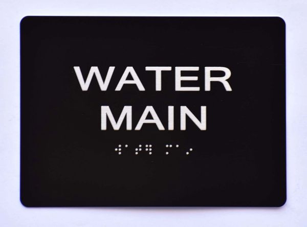 WATER MAIN SIGN- BLACK- BRAILLE (ALUMINUM SIGNS 5X7)- The Sensation Line- Tactile Touch Braille Sign