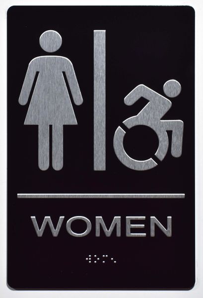 WOMEN ACCESSIBLE RESTROOM Sign - BLACK- BRAILLE (ALUMINUM SIGNS 9X6)- The Sensation Line- Tactile Touch Braille Sign