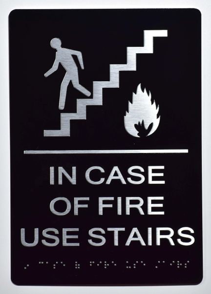 In Case of Fire Use Stairs -In Case of Fire Use Stairs SIGN-BLACK- BRAILLE (ALUMINUM SIGNS 9X6)- The Sensation Line- Tactile Touch Braille Sign