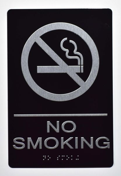 NO SMOKING SIGN- BLACK- BRAILLE (ALUMINUM SIGNS 9X6)- The Sensation Line- Tactile Touch Braille Sign