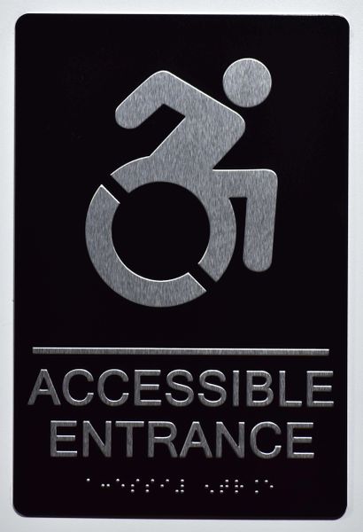 Accessible Entrance Directional Sign- BLACK- BRAILLE (ALUMINUM SIGNS 9X6)- The Sensation Line- Tactile Touch Braille Sign