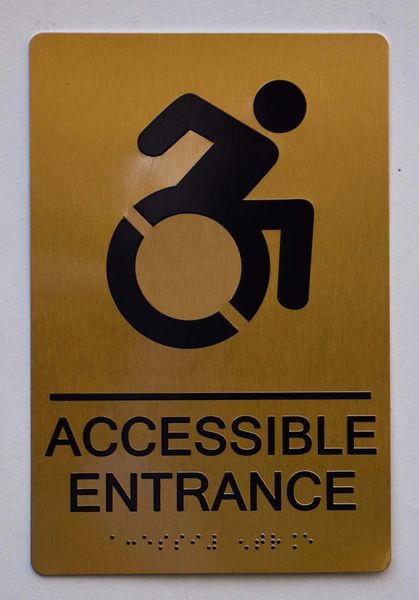 Accessible Entrance Directional Sign- GOLD- BRAILLE (ALUMINUM SIGNS 9X6)- The Sensation Line- Tactile Touch Braille Sign