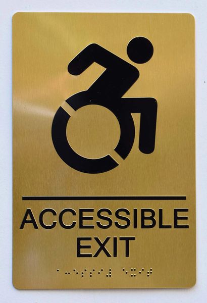 ACCESSIBLE EXIT Sign - GOLD- BRAILLE (ALUMINUM SIGNS 9X6)- The Sensation Line- Tactile Touch Braille Sign