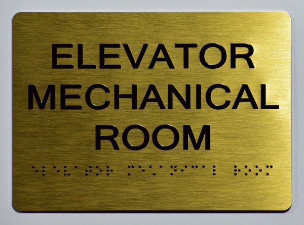 ELEVATOR MECHANICAL ROOM Sign- GOLD- BRAILLE (ALUMINUM SIGNS 5X7)- The Sensation Line- Tactile Touch Braille Sign