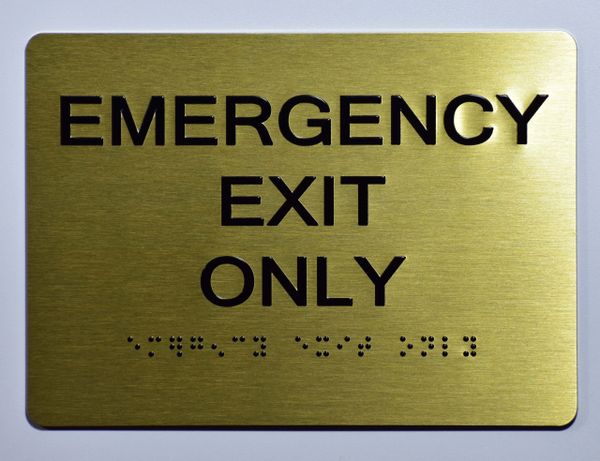 Emergency EXIT ONLY SIGN- GOLD- BRAILLE (ALUMINUM SIGNS 5X7)- The Sensation Line- Tactile Touch Braille Sign