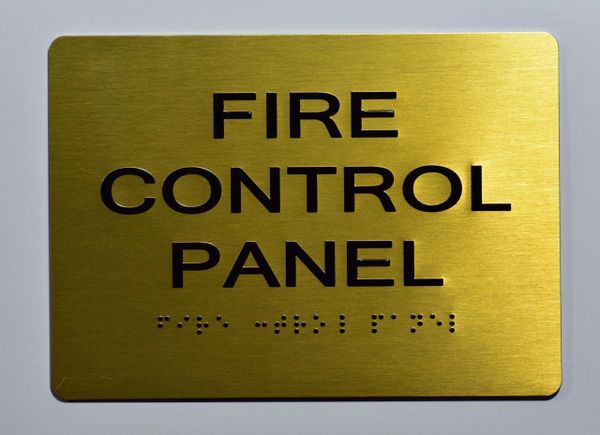 FIRE CONTROL PANEL Sign- GOLD- BRAILLE (ALUMINUM SIGNS 5X7)- The Sensation Line- Tactile Touch Braille Sign