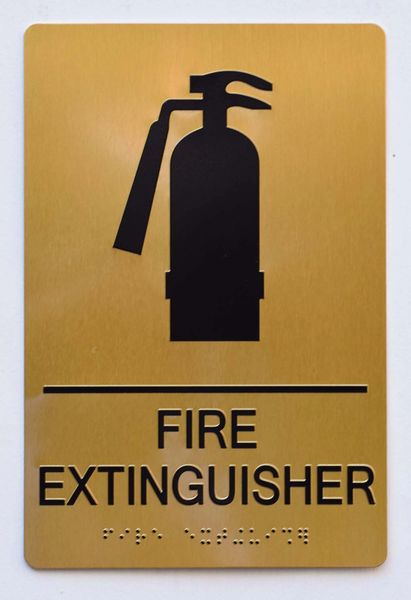 FIRE EXTINGUISHER SIGN-GOLD- BRAILLE (ALUMINUM SIGNS 9X6)- The Sensation Line- Tactile Touch Braille Sign