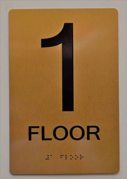 1ST FLOOR SIGN- GOLD- BRAILLE (ALUMINUM SIGNS 9X6)- The Sensation Line- Tactile Touch Braille Sign