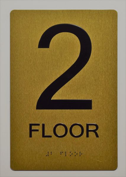 2ND FLOOR SIGN- GOLD-- BRAILLE (ALUMINUM SIGNS 9X6)- The Sensation Line- Tactile Touch Braille Sign
