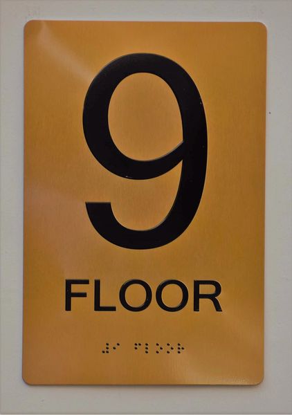 9th FLOOR SIGN- GOLD- BRAILLE (ALUMINUM SIGNS 9X6)- The Sensation Line- Tactile Touch Braille Sign