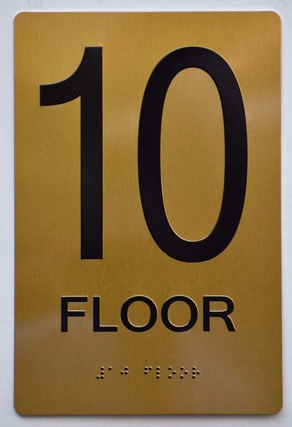 10th FLOOR SIGN- GOLD- BRAILLE (ALUMINUM SIGNS 9X6)- The Sensation Line- Tactile Touch Braille Sign