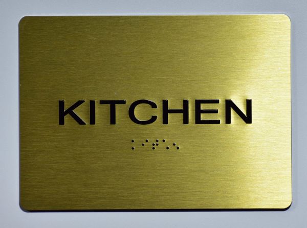 KITCHEN Sign-GOLD- BRAILLE (ALUMINUM SIGNS 5X7)- The Sensation Line- Tactile Touch Braille Sign