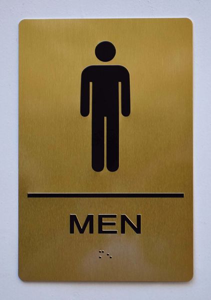 MEN RESTROOM Sign- GOLD- BRAILLE (ALUMINUM SIGNS 9X6)- The Sensation Line- Tactile Touch Braille Sign