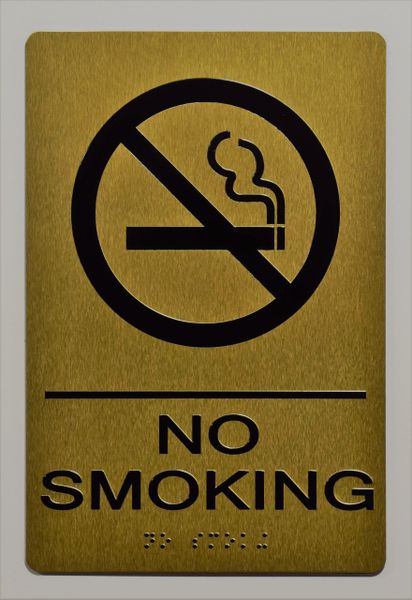 NO SMOKING SIGN- GOLD- BRAILLE (ALUMINUM SIGNS 9X6)- The Sensation Line- Tactile Touch Braille Sign