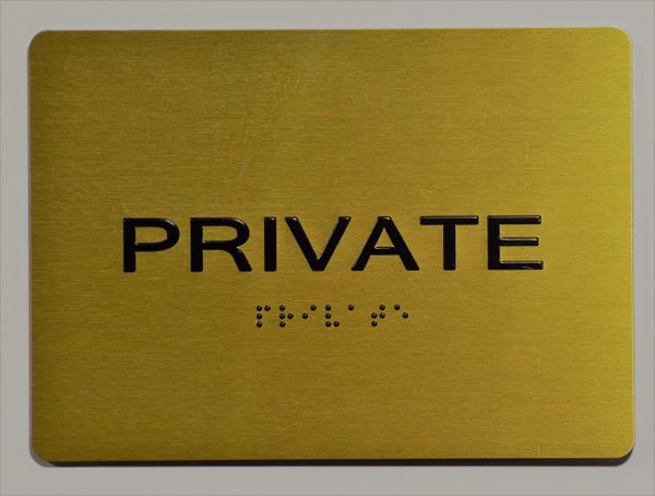 PRIVATE Sign- GOLD- BRAILLE (ALUMINUM SIGNS 5X7)- The Sensation Line- Tactile Touch Braille Sign