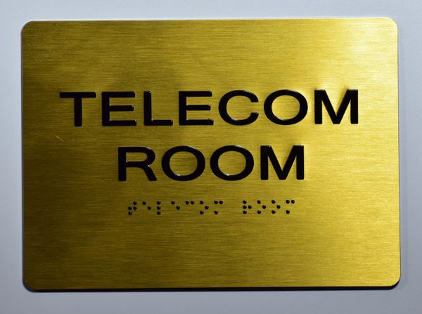 TELECOM ROOM Sign- GOLD- BRAILLE (ALUMINUM SIGNS 5X7)- The Sensation Line- Tactile Touch Braille Sign