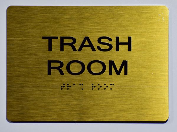 TRASH ROOM Sign- GOLD- BRAILLE (ALUMINUM SIGNS 5X7)- The Sensation Line- Tactile Touch Braille Sign