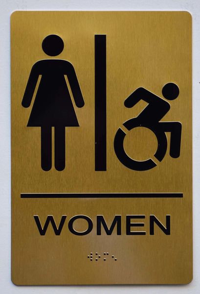 WOMEN ACCESSIBLE RESTROOM Sign - GOLD- BRAILLE (ALUMINUM SIGNS 9X6)- The Sensation Line- Tactile Touch Braille Sign