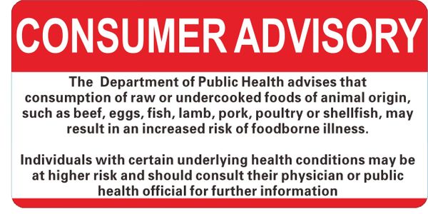 CONSUMER ADVISORY REGARDING THE CONSUMPTION OF RAW OR UNDERCOOKED FOODS OF ANIMAL ORIGIN- WHITE BACKGROUND (ALUMINUM SIGNS 6X12)