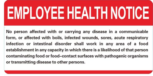 FOOD ESTABLISHMENT EMPLOYEE HEALTH NOTICE (ALUMINUM SIGNS 6X12)