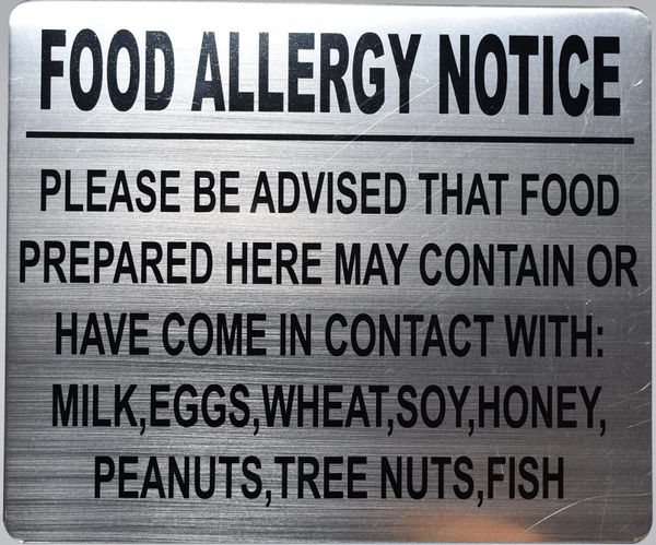 FOOD ALLERGY NOTICE SIGN- BRUSHED ALUMINUM (ALUMINUM SIGNS 10X12)