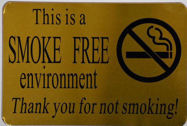 SMOKE FREE ENVIRONMENT THANK YOU FOR NOT SMOKING SIGN- GOLD ALUMINUM BACKGROUND (ALUMINUM SIGNS 6X9)