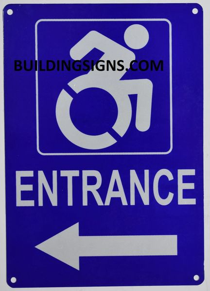 ENTRANCE LEFT SIGN- BLUE BACKGROUND (ALUMINUM SIGNS 10X7)- The Pour Tous Blue LINE