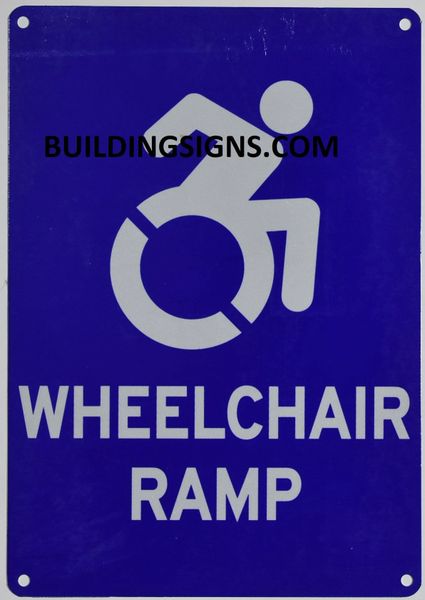 WHEELCHAIR RAMP SIGN- BLUE BACKGROUND (ALUMINUM SIGNS 10X7)- The Pour Tous Blue LINE