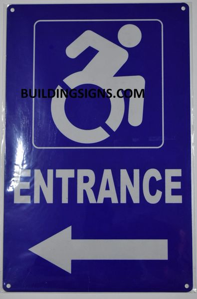 ENTRANCE LEFT SIGN- BLUE BACKGROUND (ALUMINUM SIGNS 14X9)- The Pour Tous Blue LINE