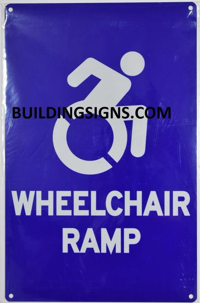 WHEELCHAIR RAMP SIGN- BLUE BACKGROUND (ALUMINUM SIGNS 14X9)- The Pour Tous Blue LINE