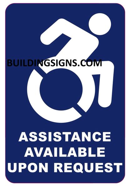 ASSISTANCE AVAILABLE UPON REQUEST SIGN- BLUE BACKGROUND (ALUMINUM SIGNS 6X4)- The Pour Tous Blue LINE